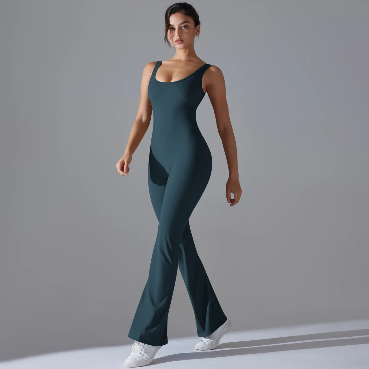 Damen Yoga-Overall, ärmellos, schmale Passform, petrolgrün, ausgestellte Hose