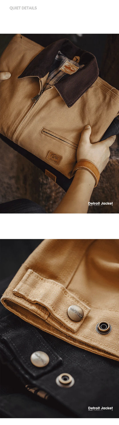 Herren Jacke Retro Canvas Detroit schwere Taschen Reverskragen Reißverschlussmantel