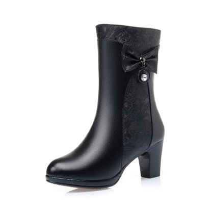 AIYUQI Winter Boots Women Wool Keep Warm 2025 New Genuine Leather Shoes Woman Boots Fashion Bow Female Fashion Boots Thick Heel
