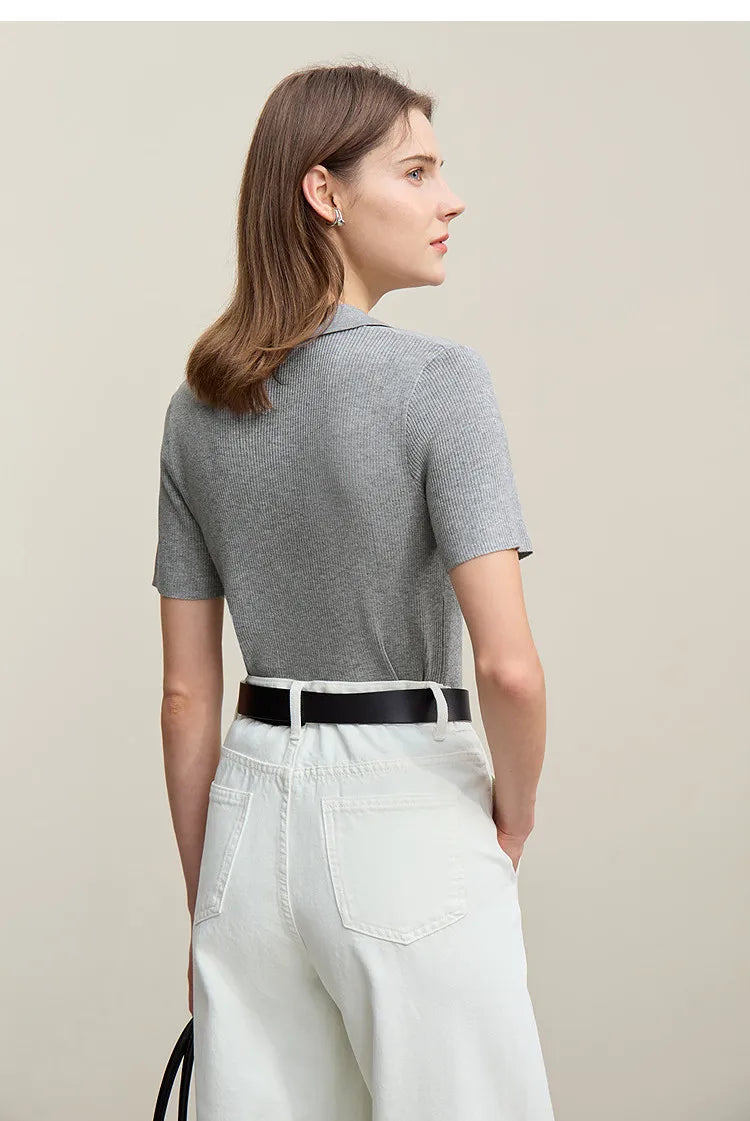 Kurzarm-Strickpullover mit Polokragen, halbgeschlossen, hellgrau meliert