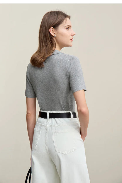 Kurzarm-Strickpullover mit Polokragen, halbgeschlossen, hellgrau meliert