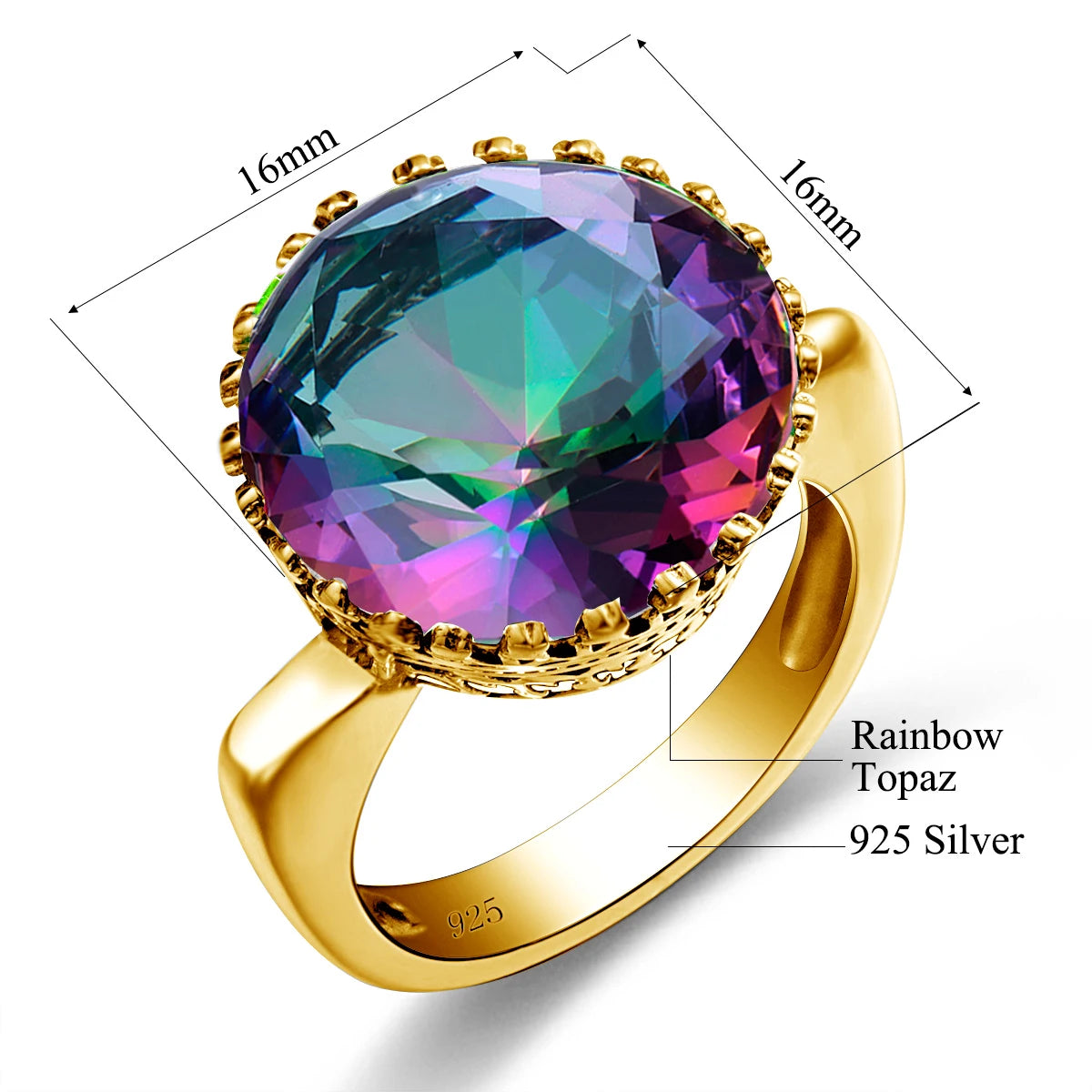 Damen-Ring aus Sterling Silber 925 mit Mystic-Topas Stein in 15x15 mm Größe elegant glänzend und langlebig