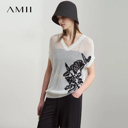 Damen V-Ausschnitt Pullover Viskose Kurzarm Aushöhlung Sommer