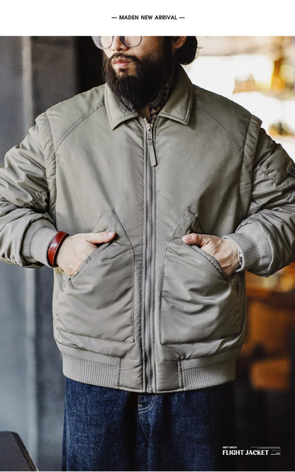 Herren Pilotenjacke Graugrün Warmer Mit Baumwolle Gefütterter Mantel Revers Taschen