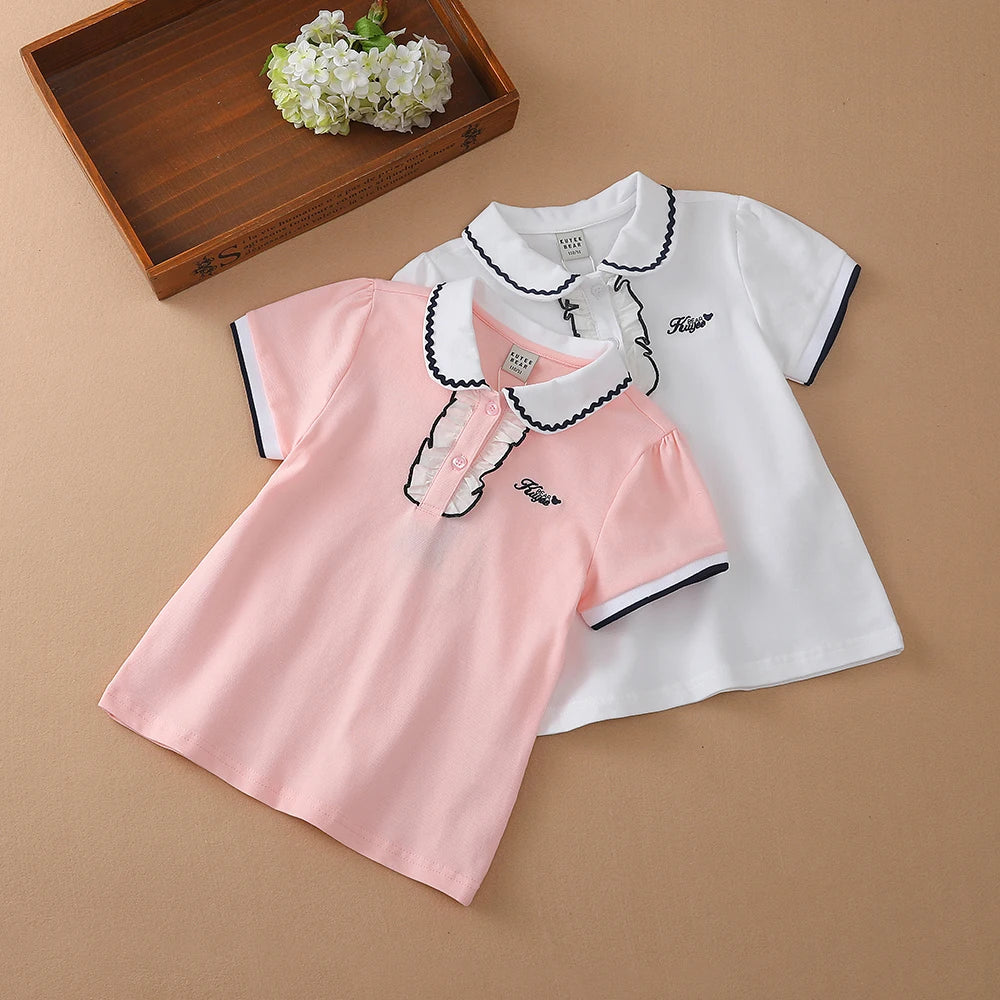Mädchen Sommer Polos hirt Kurzarm Peter Pan Kragen niedlichen lässigen T-Shirt Kinder Baumwolle Kleidung
