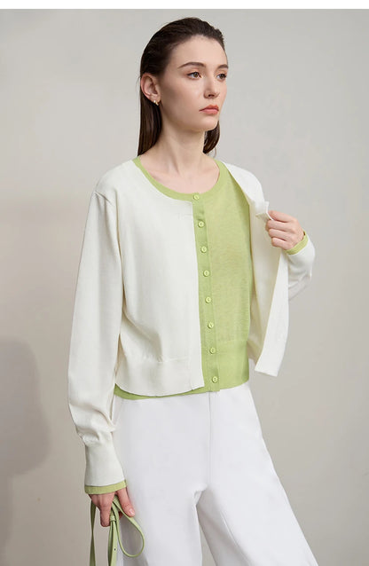 Damen-Strickjacke Patchwork sanft locker Langarm vielseitig Herbst
