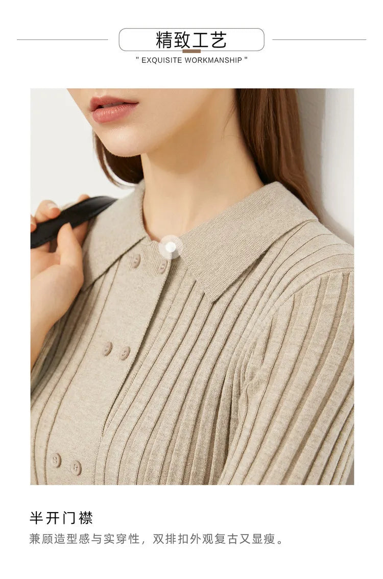 Damen-Strickjacke Polokragen Slim doppelreihig Wolle-Mix Frühling-Herbst