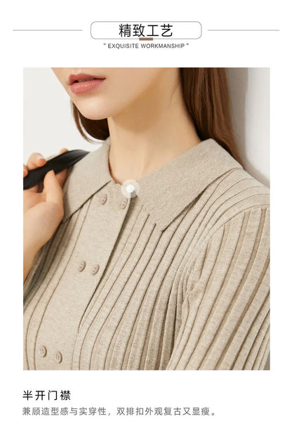 Damen-Strickjacke Polokragen Slim doppelreihig Wolle-Mix Frühling-Herbst