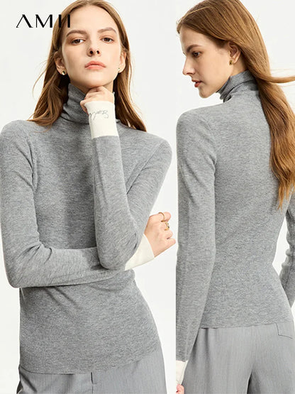 Damen-Rollkragenpullover Wolle Slim Patchwork-Splicing Herbst-Winter