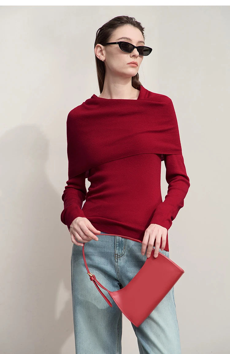 AMII Damenpullover Weinrot, langarmig mit drapiertem Cowl-Kragen