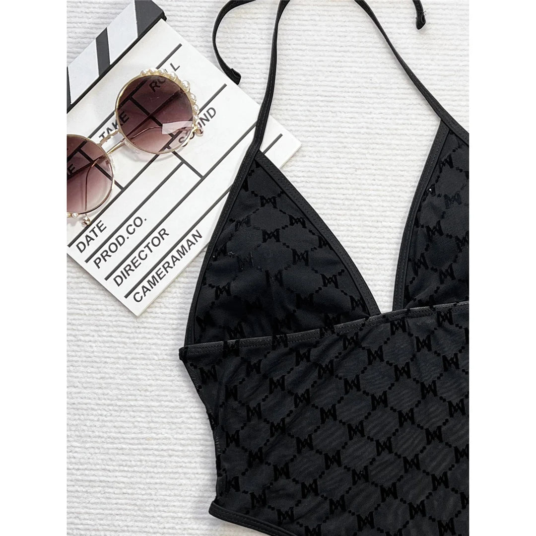 Damen Badeanzug Neckholder Micro Tanga High-Cut Monokini gepolstert
