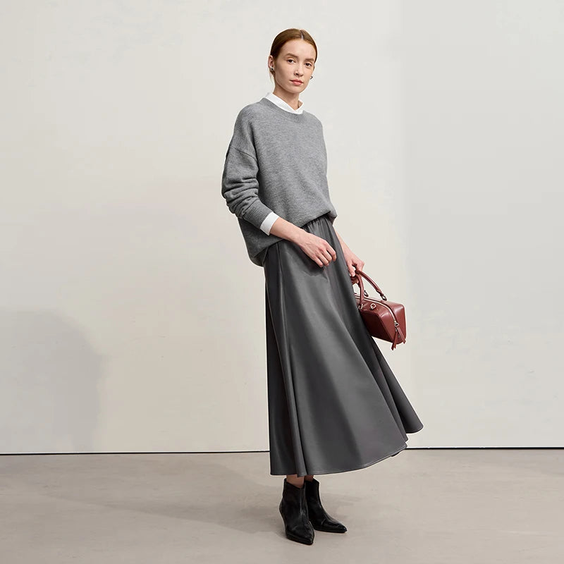 AMII minimalistischer Strickpullover für Damen, dunkelgrau, lockerer Sitz, Rundhals