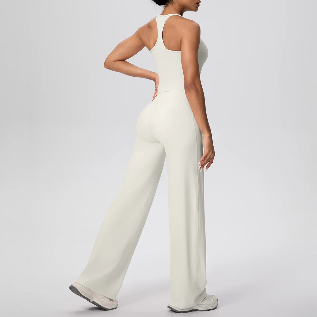 Damen-Yoga-Set helles Ivory, ärmellos mit weitem Bein