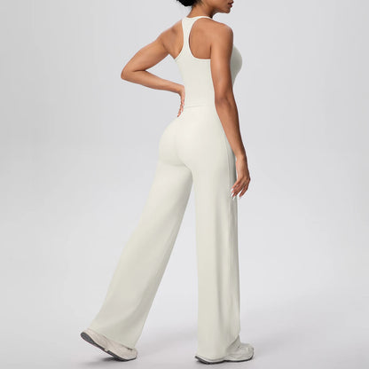 Damen-Yoga-Set helles Ivory, ärmellos mit weitem Bein