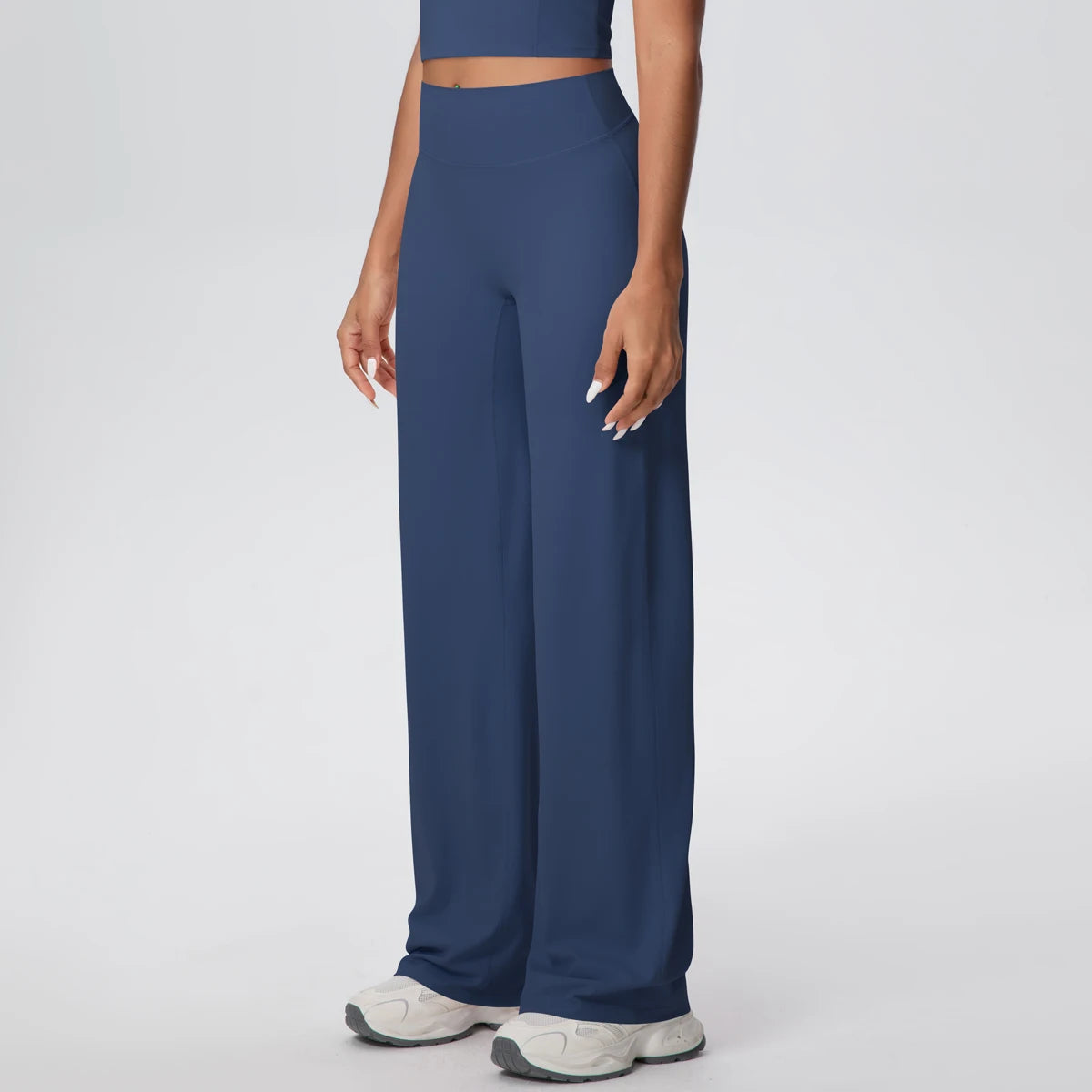 Dunkelblaue Yoga-Hose für Damen mit weitem Bein und hoher Taille