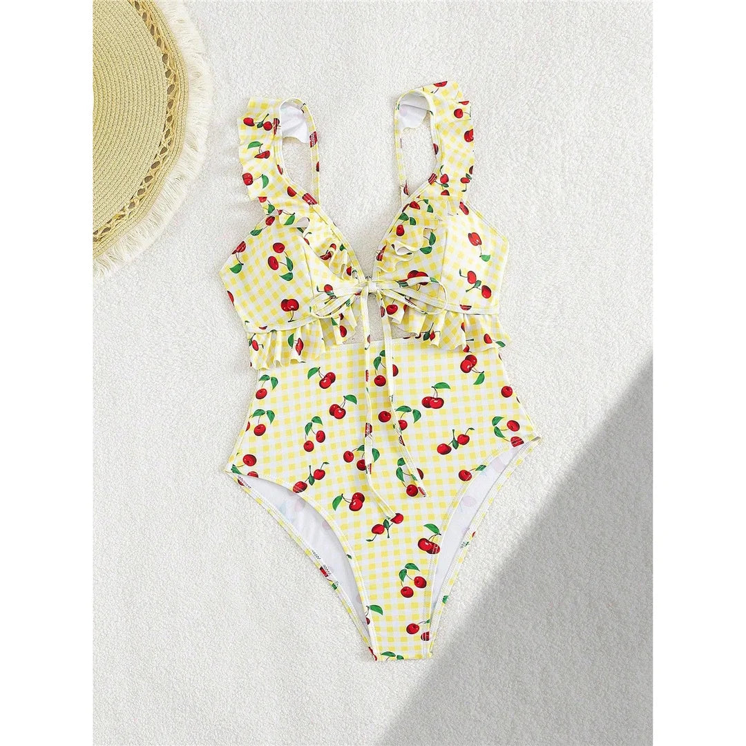 Damen Badeanzug Kirschen Karo Cut-Out Rüschen hoher Beinausschnitt Monokini