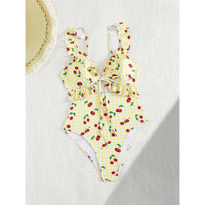 Damen Badeanzug Kirschen Karo Cut-Out Rüschen hoher Beinausschnitt Monokini