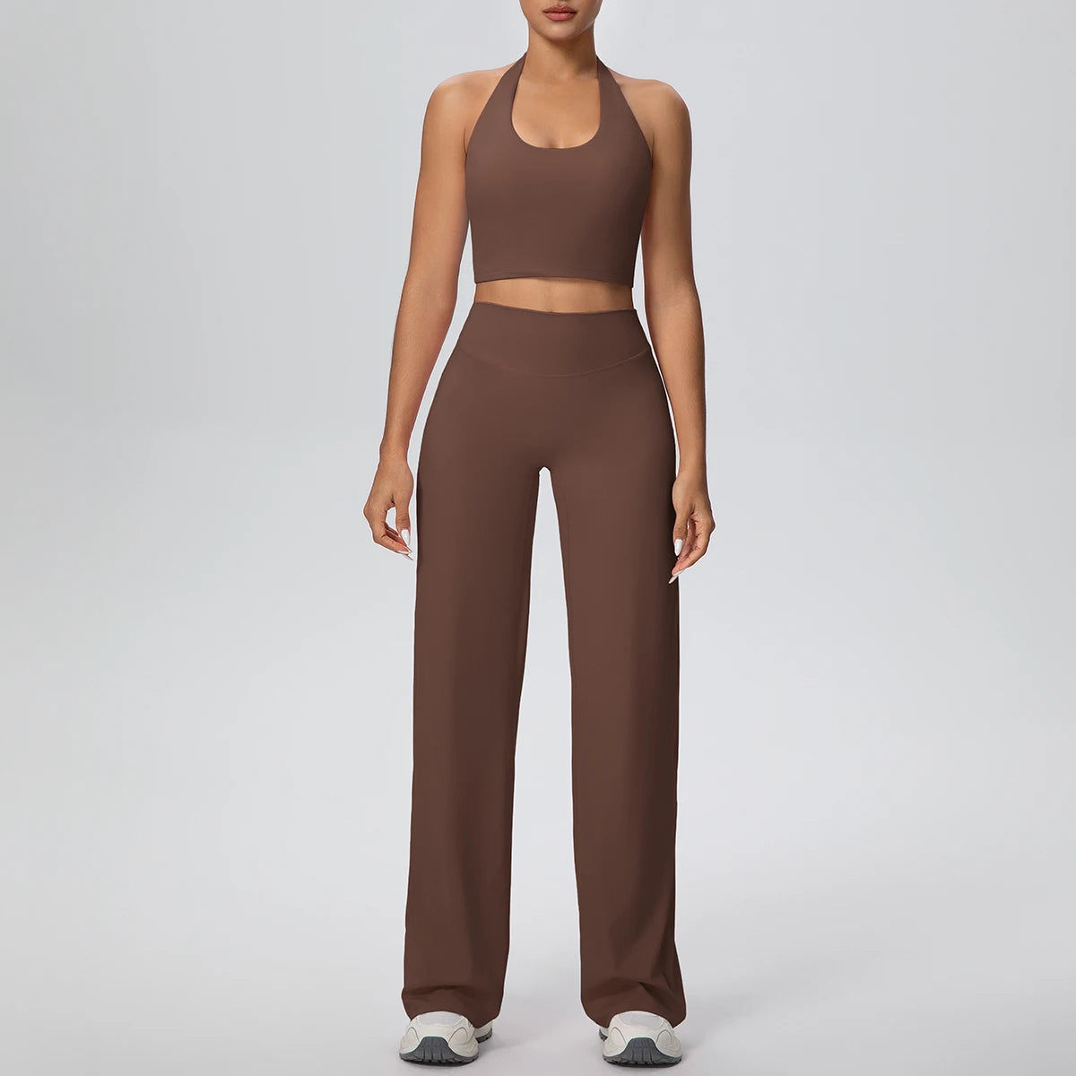 Yoga-Set für Frauen: Sport-BH und weite Hose, braun, rutschfest