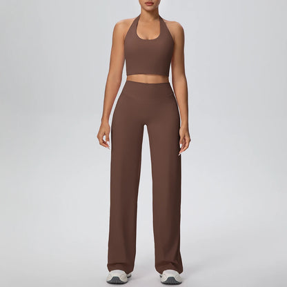 Yoga-Set für Frauen: Sport-BH und weite Hose, braun, rutschfest