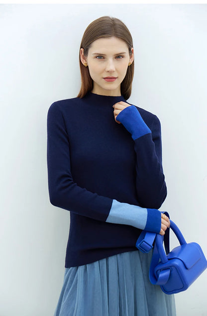 Damen-Halbrollkragen-Pullover Slim Farbkontrast Wolle-Mix Winter