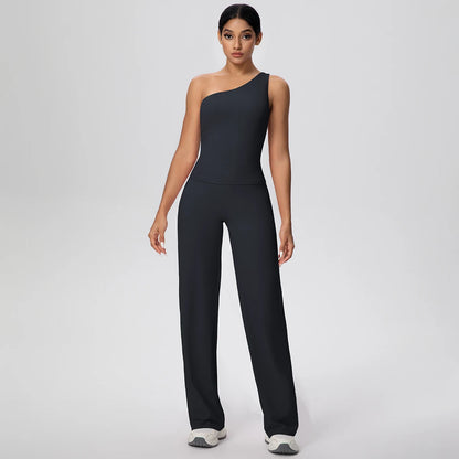 Damen-Yoga-Set schwarz: ärmelloses Top und lange High-Waist-Leggings