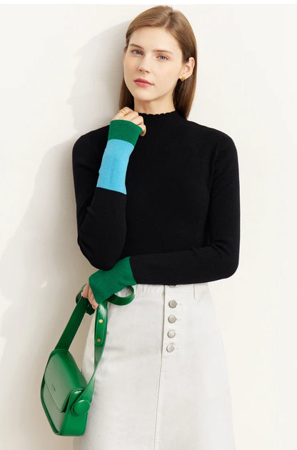 Damen-Rollkragenpullover Wolle Slim Patchwork Büro Winter