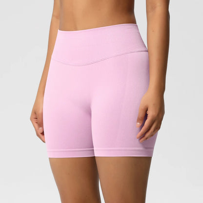 Damen-Yoga-Shorts High-Waist, rosa, glatter Sitz mit gerader Saumkante hinten