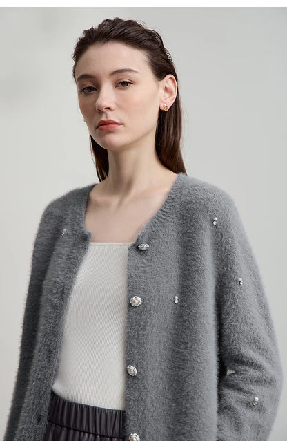 Damen-Rundhalspullover Strickjacke kurz elegant Herbst-Winter