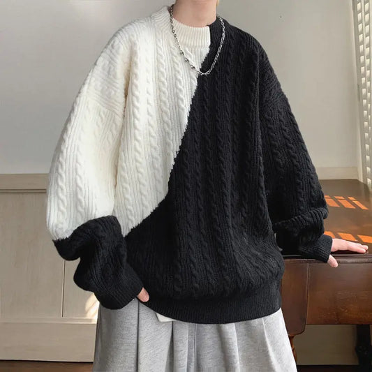 Herren-Pullover im Preppy-Stil mit Rundhalsausschnitt und langen Ärmeln – dicker, gestrickter Thermo-Pullover in warmen Farben für Herbst und Winter