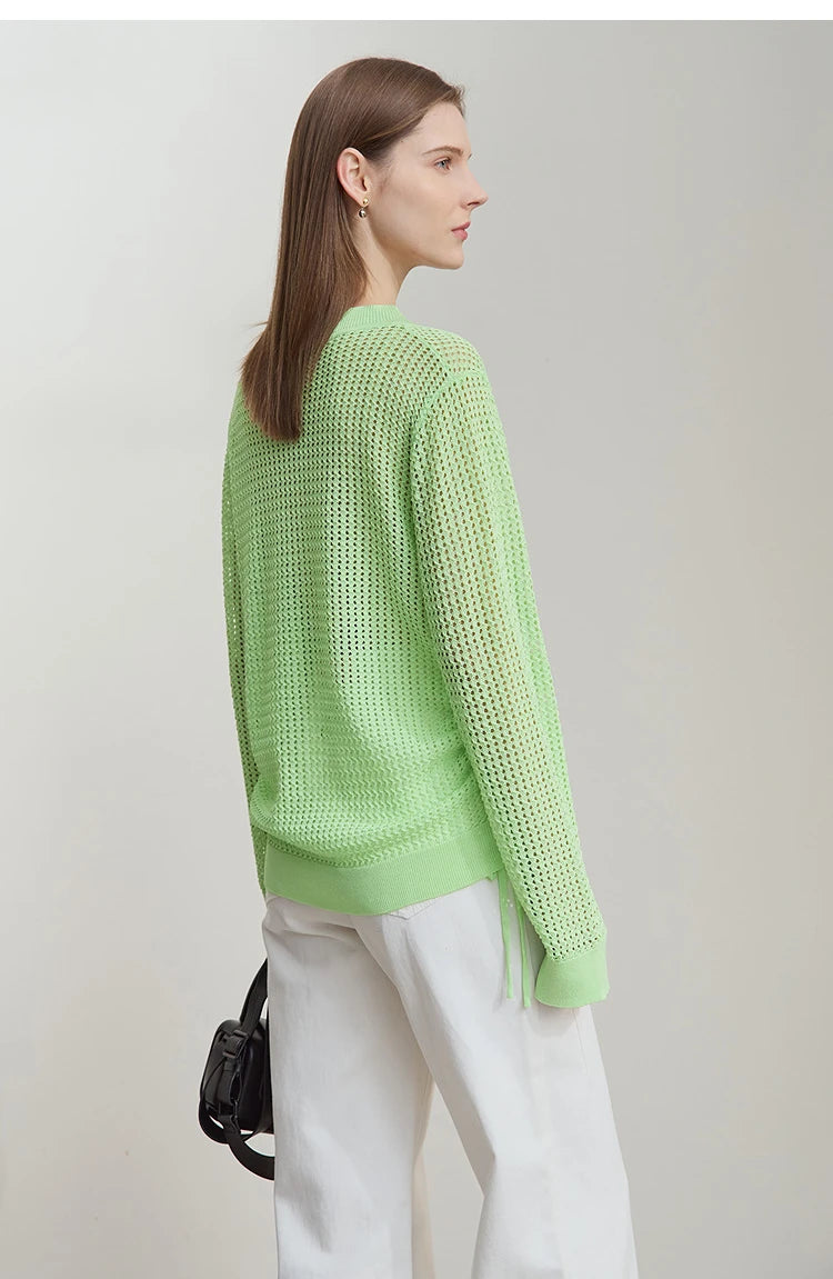 Damen-Strickpullover mit V-Ausschnitt, langarm, lockeres Lochmuster, hellgrün, Seitenansicht