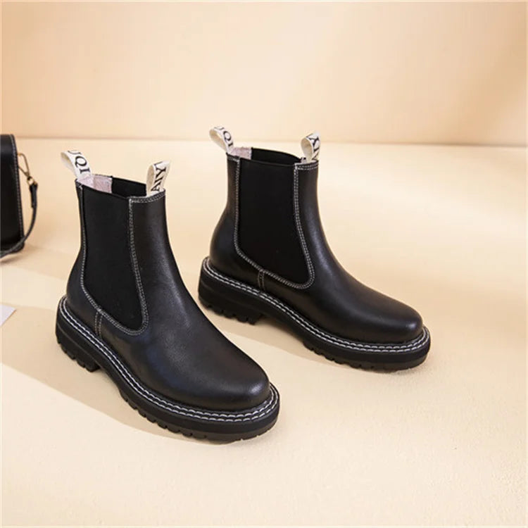 Women's Chelsea Boots Genuine Leather 2025 Autumn Winter Trend Thick-soled Women Ankle Boots All-match Marton Boots Ladies