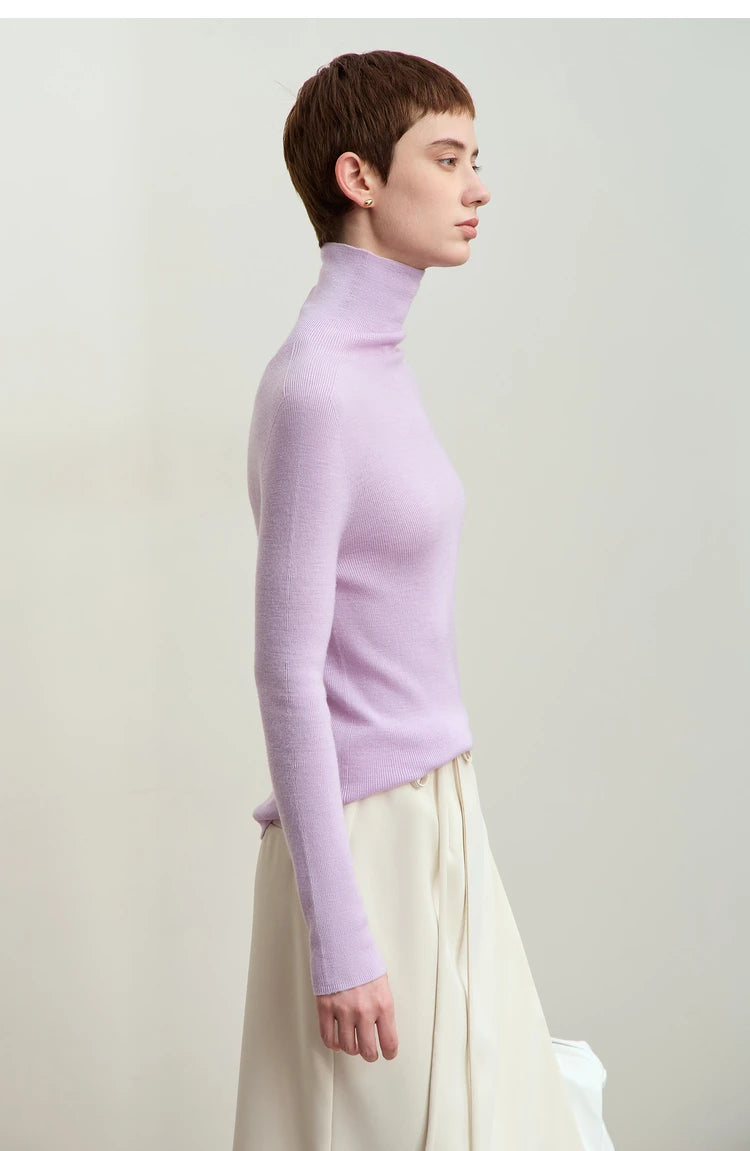 Damen-Rollkragenpullover 100 % Wolle Kammgarn schlank Winter