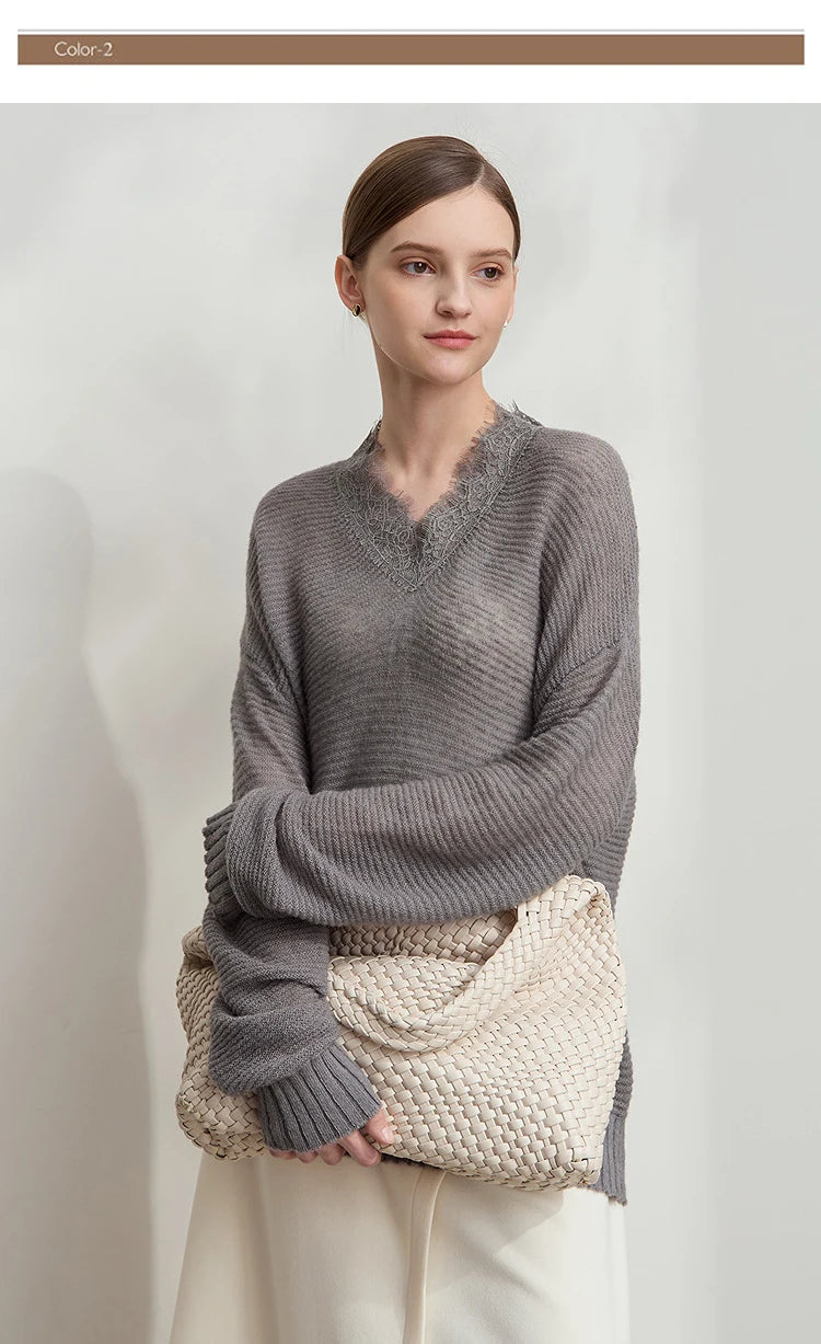 Damen V-Ausschnitt Pullover Mohair Spitze locker mittellang Frühling