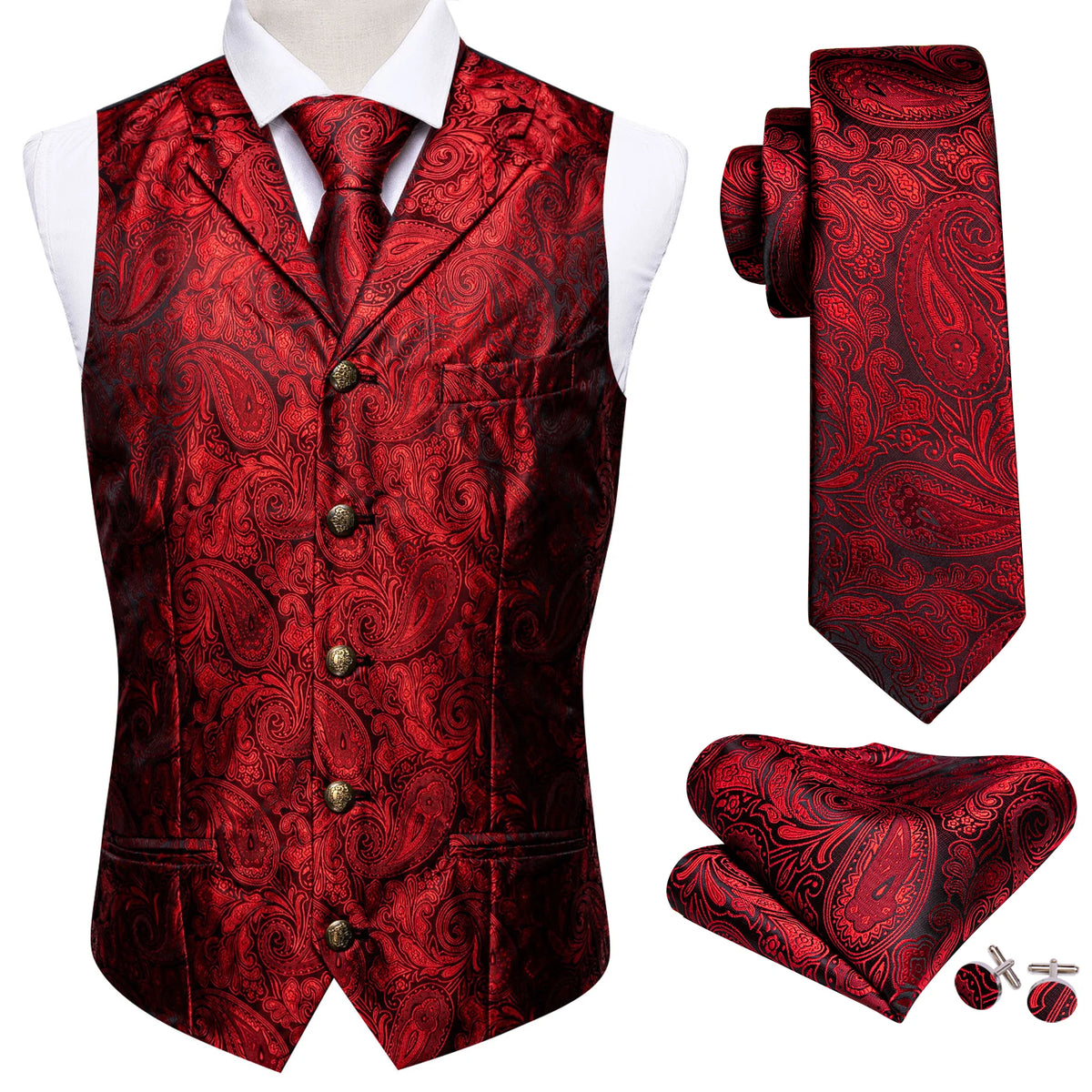 Herrenweste mit Jacquard-Paisley in Rot, mit passender Krawatte und Einstecktuch