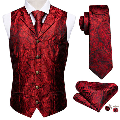 Herrenweste mit Jacquard-Paisley in Rot, mit passender Krawatte und Einstecktuch