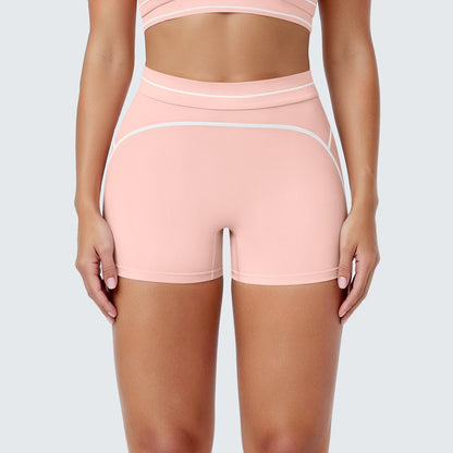 Gestreifte Yoga-Shorts für Damen in Apricot mit Kontrastbund und Hüftlift