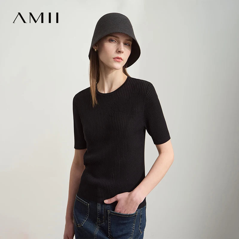 Damen-Kurzarmstrickpullover in Schwarz mit Rundhalsausschnitt und gerippter Struktur