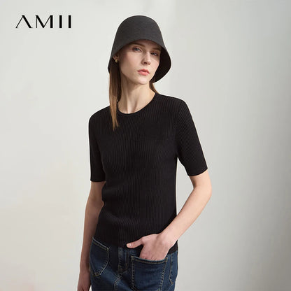 Damen-Kurzarmstrickpullover in Schwarz mit Rundhalsausschnitt und gerippter Struktur