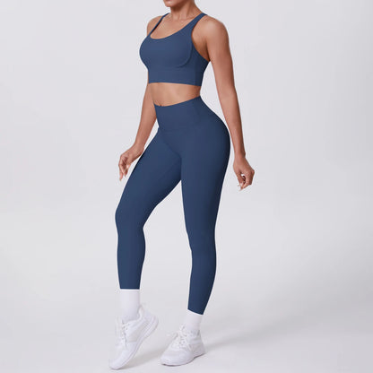 Fitness-Set Navy: gepolsterter Sport-BH, High-Waist-Leggings mit Kontrastabschlüssen