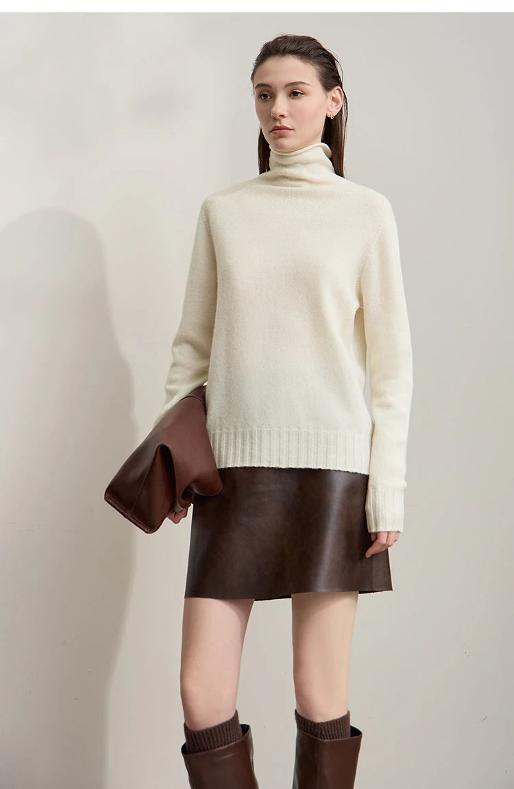 Damen-Rollkragenpullover 100 % Wolle locker Herbst-Winter