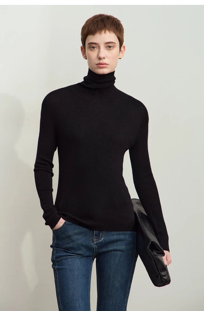Damen-Rollkragenpullover 100 % Wolle Kammgarn schlank Winter