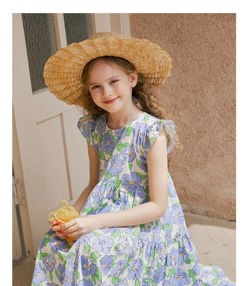 Langärmliges Prinzessinnenkleid aus Gaze in Tiefblau und Rot für Mädchen – Perfekt für Geburtstagsfeiern und Hochzeiten (3-14 Jahre)