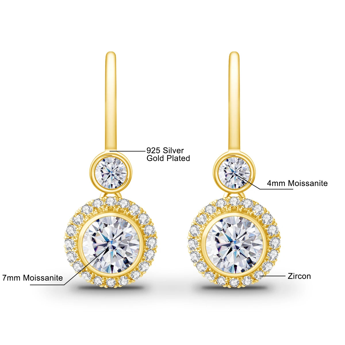 Damen-Moissanit-Tropfenohrringe aus Gelbgold mit Zertifikat 7 mm 2,4 Karat Gesamtgewicht