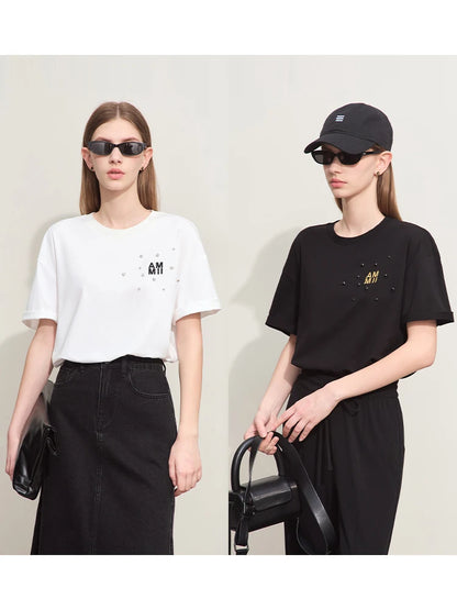 Damen T-Shirts im Minimalismus-Stil mit Stickerei und lässigen Ärmeln