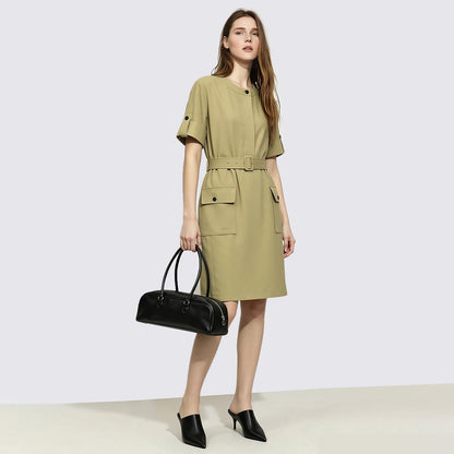 Knitterfreies Elegantes Damenkleid Mit Gurt Für Bürodamen