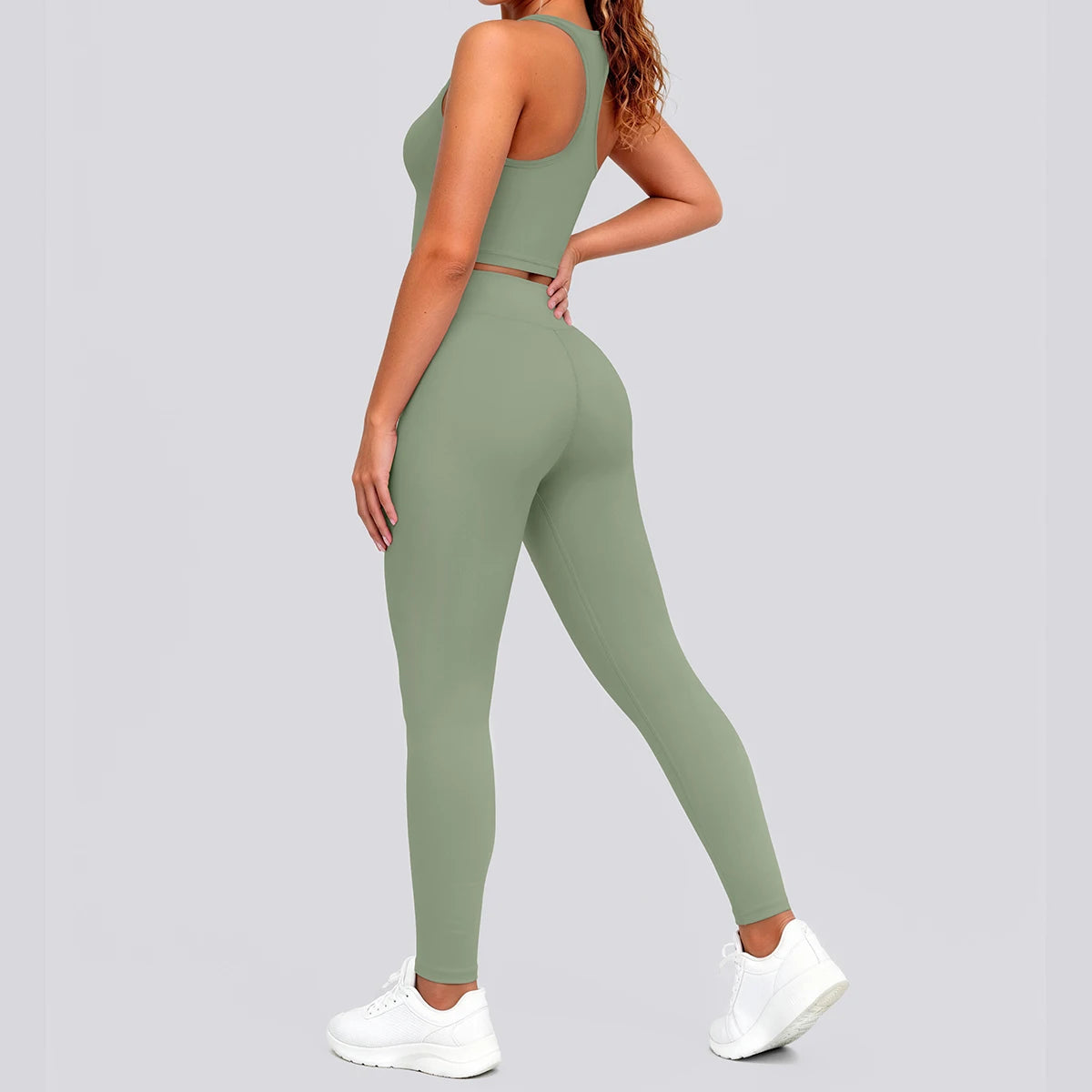 Nahtfreies Yoga-Set mit Sport-BH und Leggings in Olivgrün, Rückenansicht