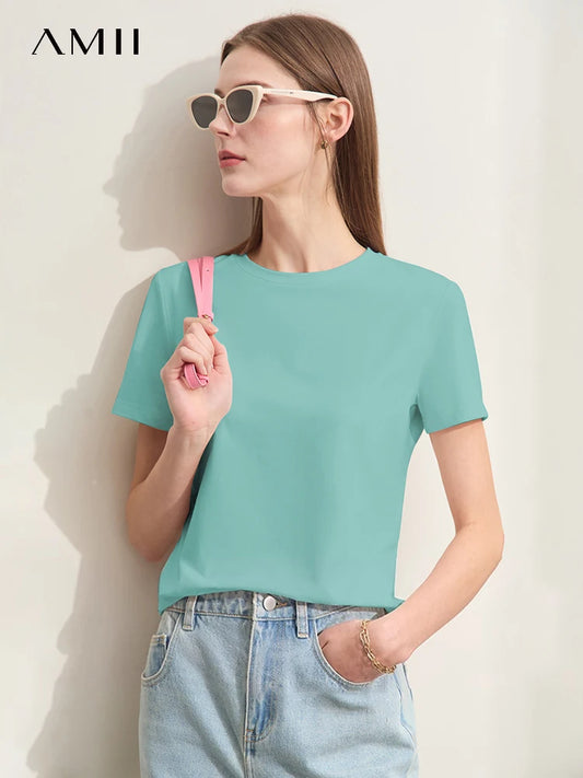 Damen T-Shirt im minimalistischen Stil mit lässigem O-Ausschnitt und kurzen Ärmeln