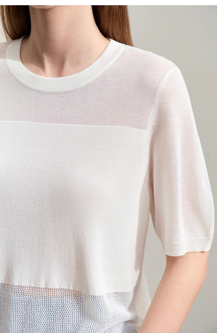 Strickpullover mit O-Ausschnitt, beigetone Feinstrick-Optik, Kontraststreifen