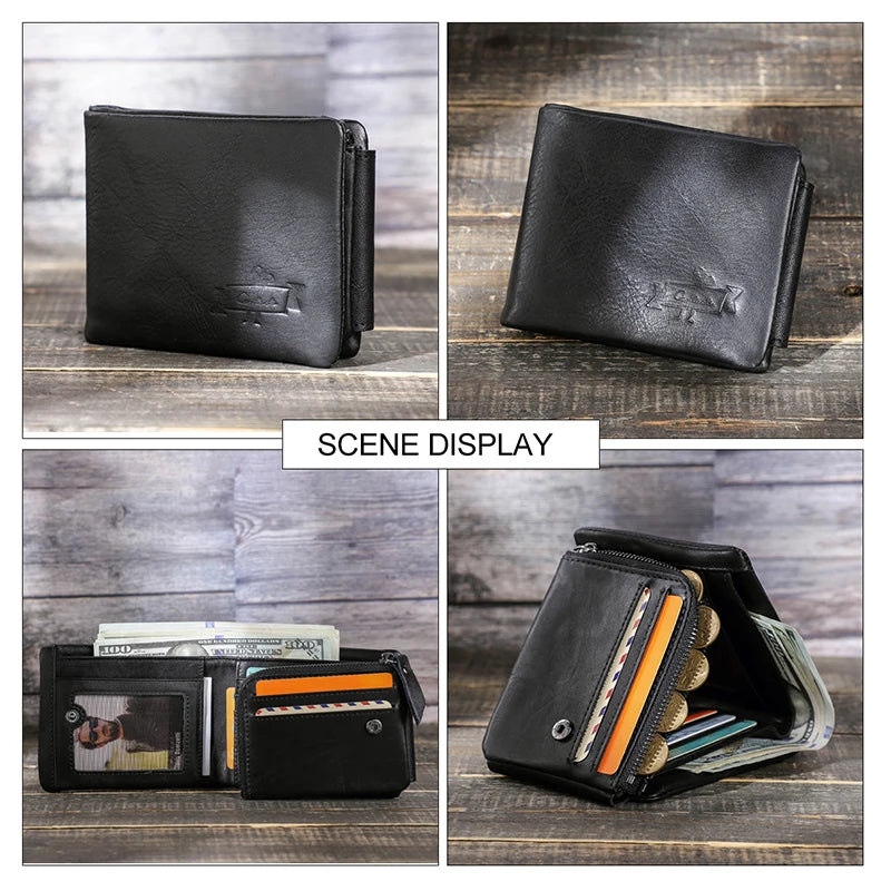 Herren Echtleder Geldbörse Vintage Trifold Haspe Reißverschluss Kartenhalter Geldclip