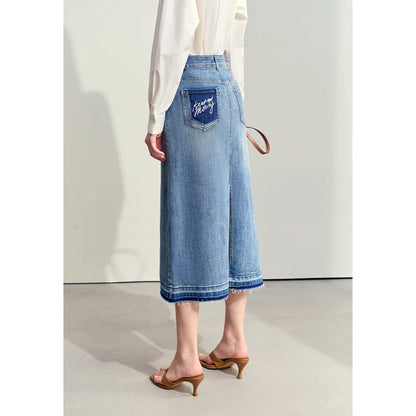 Jeansrock mit hoher Taille, A-Linie, mittellang, Taschenpatch, dunkelblauer Denim